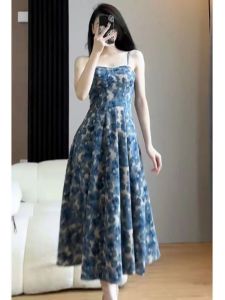 French Vintage Watercolor Floral Print Halter Dress Womens Summer Slimming A-Line Long Dress High Waist Elegant Style