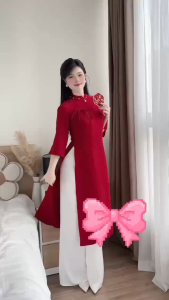 QC_ Áo dài form suông sang trọng set áo dài cách tân dự sự kiện set mặc Tết áo Gấm Tapta đính nơ phối quần dài Tuyết Mưa