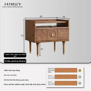 HI MUY | Tủ Đầu Giường Gỗ Bạch Dương Phong Cách Retro Có Đục Khắc