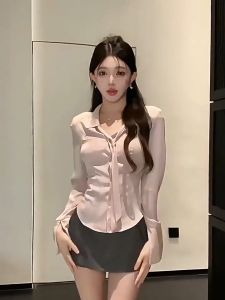 Stripe Embroidered Blouse for Women Korean Top Cinched Skinny Plain Top With Garter