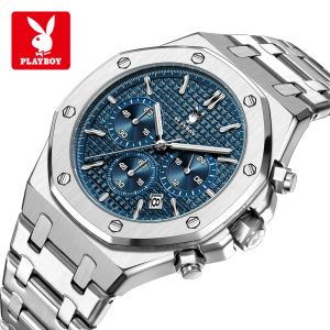 PLAYBOY นาฬิกา ผู้ชาย ใหม่ โครโนกราฟ สแตนเลส ของแท้ ธุรกิจ กันน้ำ ส่องสว่าง ปฏิทิน ประกัน 1 ปี