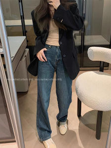 High Waist Fleece Lined Thickened Retro Blue Loose Womens Jeans Straight Leg Casual Floor Length Pants Elastic Wide Leg