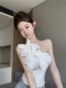 GUZILIAN | Áo vest không tay ngắn kiểu Pháp mùa xuân hè cho nữ thiết kế hở vai thắt nút bướm áo khoác ngoài thời trang áo ngắn áo cổ chữ V