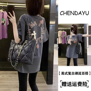 Gray Short Sleeve T-Shirt Womens Pure Cotton Loose Special-Interest Design Fancy American Retro Mid Length Long Length Trendy T-shirt