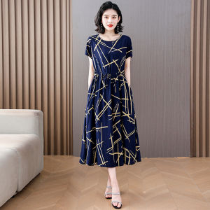 Váy Midi Cotton Lụa Cao Cấp Thời Trang Mùa Hè Cho Phụ Nữ Trung Niên Và Người Cao Tuổi Váy Chữ a Cổ Tròn in Họa Tiết Hoa