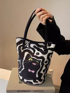 Universal Black Cat Bucket Bag Commuter Shoulder Womens Bag Small Size Polyester Material Daily Use Versatile Handbag