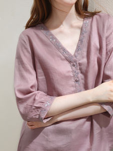 Miccbeirn | Pure Flax Embroidered Shirt Vintage Artistic Style V-neck Commute Versatile Chic Seven-quarter Sleeve Womens Top