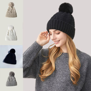 Womens Winter Knitted Beanie Hat Faux Fur Winter Hats Fur Pom Warm Chunky Knit Skull Cap Cute Fashion Knit Beanie