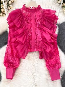 Trendy Brand Spring 2025 Womens Long Sleeve Lace Hollow out Splicing Design Sensation Gauze Lace Trim Shirt Original Design High Waist