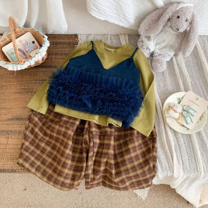 ชุดเด็กผู้หญิงสไตล์เกาหลี ชุดเด็กผู้หญิงฤดูใบไม้ร่วง ชุดเด็กผู้หญิงผ้าเดนิมลายทาง ชุดเด็กผู้หญิงผ้าตาข่าย ชุดเด็กผู้หญิง