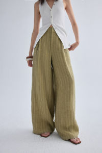 epoque de rueen | Linen Stripe Straight Wide Leg Womens Pants