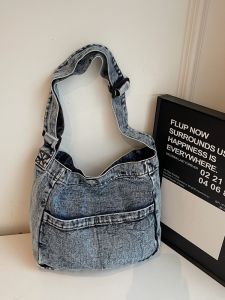 Casual Canvas Denim Crossbody Bag Large Capacity Artistic Shoulder Bag for Women Korean Style School Bag Soft Bucket Shape