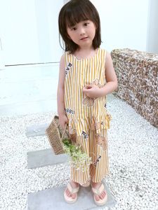 Girls Summer Thin Cotton Silk Wide Leg Pants Floral Cartoon Korean Style Two Piece Set Childrens Clothing Casual Breathable Sweat Absorbent
