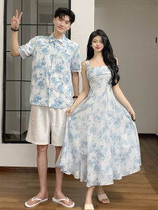 Summer Beach Vacation Couple Matching Floral Print Slimming Strap Dress French Style One Skirt One Top Trendy Breathable Short Sleeve T-Shirt