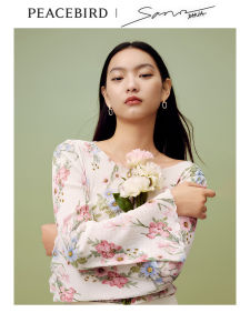 Peacebird Womens Summer 2025 New Collaborative Pleated Shirt Top A1CDE2568 Street Style Loose Fit Long Sleeve round Neck Printed