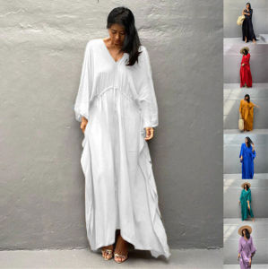 ชุดเดรสแม็กซี่คละสีเชือกผูกชู้ว่ายน้ำเสื้อ Kaftan ชายหาดบิกินี่คอวีคลูม DN1039