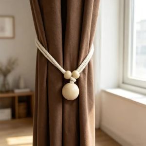 2pcs Natural Wood Bead Elastic Curtain Tiebacks No Drill Decor Drape Holdbacks for Bedroom Living Room