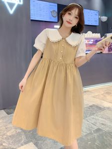 Maternity Summer Dress Fashionable Color Block Baby Doll Collar Short Sleeve Loose plus Size Skirt Polyester Korean Style Daily Wear