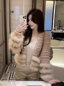 Chaoguan Qianjin Style Fur Sleeve V-neck Sweater Coat Female Autumn and Winter Classic Style Socialite Fur Knitted Cardigan Top
