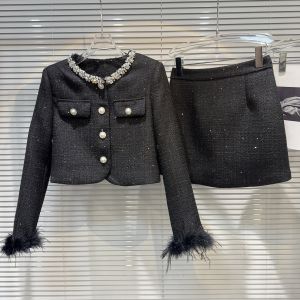 Fashionable 2025 Autumn New Little Fragrance Water Diamond Collar Furry Sleeve Short Jacket plus Half Skirt Cotton Set