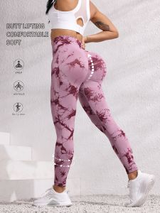 Hip Lifting Seamless Fitness Gym Leggings Tie-Dye Yoga Pants Womens Exercise Tights Tummy Control High Waist Workout Pants