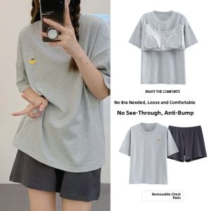 Miiow | Pure Cotton Summer Sleepwear Womens Short Sleeve Thin Casual Outdoor Wear Home Clothes Set With Chest Pad Comfortable Short Pants
