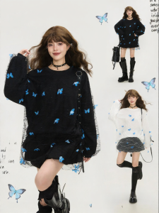 KEIKO | Butterfly Pattern Sheer Lace Connective Long Sleeve Loose Tunic