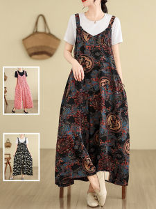 Vintage Fashion Print Suspenders Plus Size Womens Clothing Western Style Slimming Casual Straight-Leg Wide-Leg Skort Thin Jumpsuit