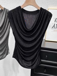 Black Sleeveless Slim Fit T-Shirt Womens Summer Thin Design Sense Sparkling Show Bones Loose Collar Top Korean Style