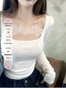2toyoung Lace Butterfly Flower Pattern Splice T-shirt Womens Long Sleeve Base Sweet And Spicy Top Korean Style Cotton Blend