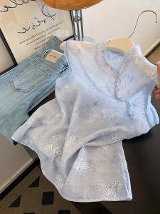 New Chinese Style Blue Embroidered Sleeveless Shirt Womens Summer High-End Versatile Anti-Aging Slimming Shirt Hollow out Design
