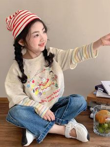 Girls Fake Two-piece Printed T-shirt with Striped Patchwork and Cartoon Designs Long Sleeve Top