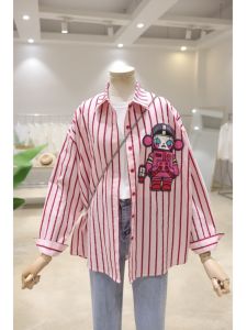Korean Style Embroidered Cartoon Girl Long Sleeve Cotton Striped Shirt Loose Fit Womens Polo Neck Regular Length Casual Shirt