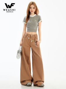 กางเกงยีนส์ขากว้างสีน้ำตาลสไตล์ย้อนยุคสไตล์อเมริกันสำหรับผู้หญิง กางเกงขายาวทรงตรงหลวมๆ สวมใส่สบาย ฤดูใบไม้ผลิ 2025