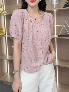 QINGNAER | French Sweet Elegant Round Neck Short Sleeve Slimming Big Size Womens Blouse