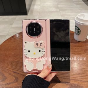 Pink KT Cat Mirror Huawei MateX5 X3 Foldable Screen Phone Case Anti-Fall Middle Axis Protection Leather Shell Collectible Edition