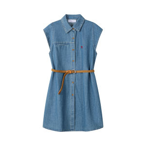 XinmonLee Vintage Waist Cinching Denim Dress Chic Summer New A-Line Mini Skirt Personality T-Shirt Dress Commute Style Pure Color