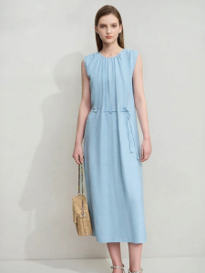 AMII | Casual Loose Summer Dress Round Neck Sleeveless with Beads and Belt Rope Linen