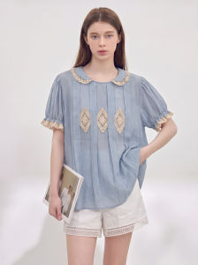 GULILI | Blue Lace & Peter Pan Collar Linen Women Shirt