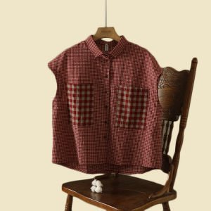 Artsy Patch Pocket Cotton Linen Plaid Blouse Plus Size Womens Clothing Polo Collar Flying Sleeves Linen Leisure Cardigan Top
