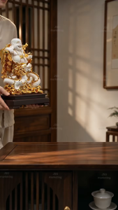 White Dragon Golden Laughing Buddha Statue Feng Shui Lucky Ornament for Home Office Decor & Gift