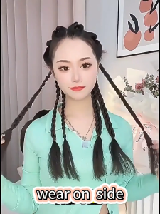 LOYO 2PCS Twist Braids Hair Extension Black Brown Cute Elastic Rope Pearl Synthetic Braids Ponytail Wig