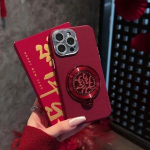 Red Rotating Phone Stand Compatible with Apple 16Promax New Year Model iPhone 15/11 Womens Style Huawei Mate60/Puro70/Xiaomi 15 Honor 100 Leather Texture Vivo X200 Phone Case