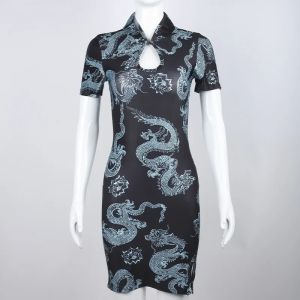 Robe Cheongsam Alberoise Grande Taille Qipao Vintage Imprimé Dragon Mode Décontractée Streetwear Rétro Offre Spéciale