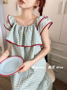 Sweet Style Korean INS Leaf Edge Color Block Summer Pajamas Womens Long Dress Home Service Polyester Cotton Fabric with Ruffles