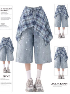 MZVZ | Quần 7/8 Chân Rộng Thoáng Đáy Chân Váy Plaid Màu Block và Nước Mực