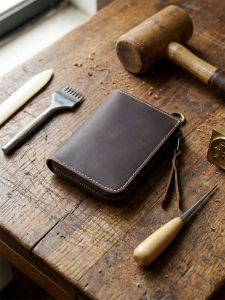Handmade Vintage Wallet Top Layer Cowhide Leather Mens Short Zipper Purse Vertical Driver License Leather Clip Chinese Brand