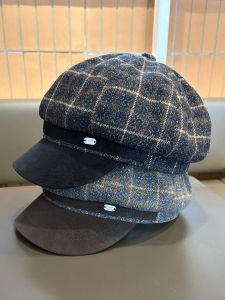 Trendy Plaid Beret Hat Womens Autumn Winter Retro British Style Versatile Face Slimming Painter Hat Octagonal Hat Fashionable