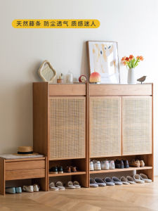 Rustic Cherry Wood Shoe Cabinet Woven Rattan Entryway Storage Bench Japanese Style Multi-Functional Furniture for Small Spaces