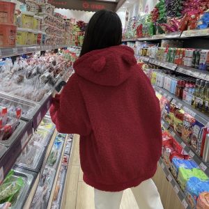 Cute Little Lamb Fur Cotton Jacket Versatile Loose Womens Winter Coat Warm Thickened Zipper Closure Hooded Solid Color